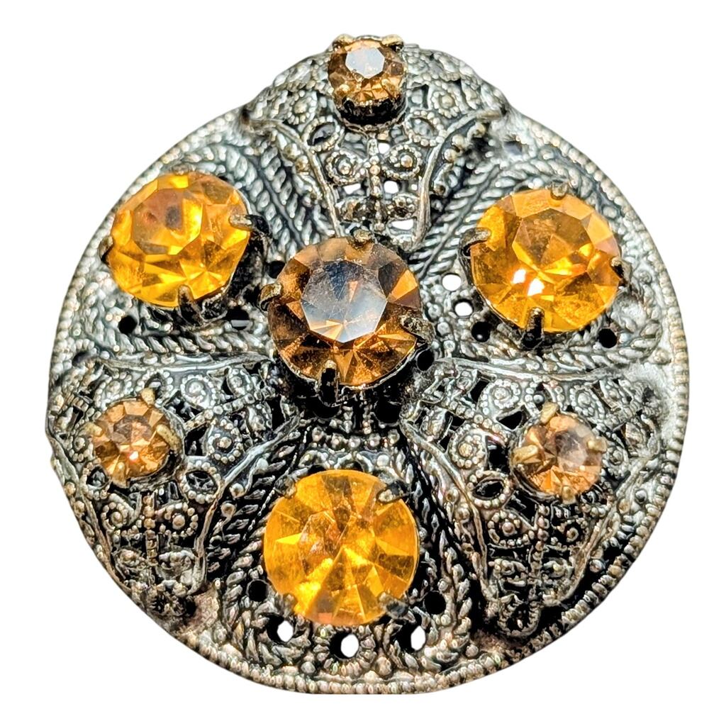 Vintage Citrine & Brown Czech Glass Silver Tone Filigree Brooch